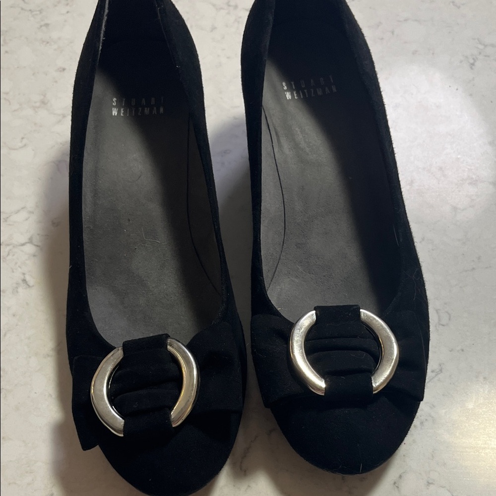 Stuart Weitzman Black Platform Low-Heels with Silver Buckle